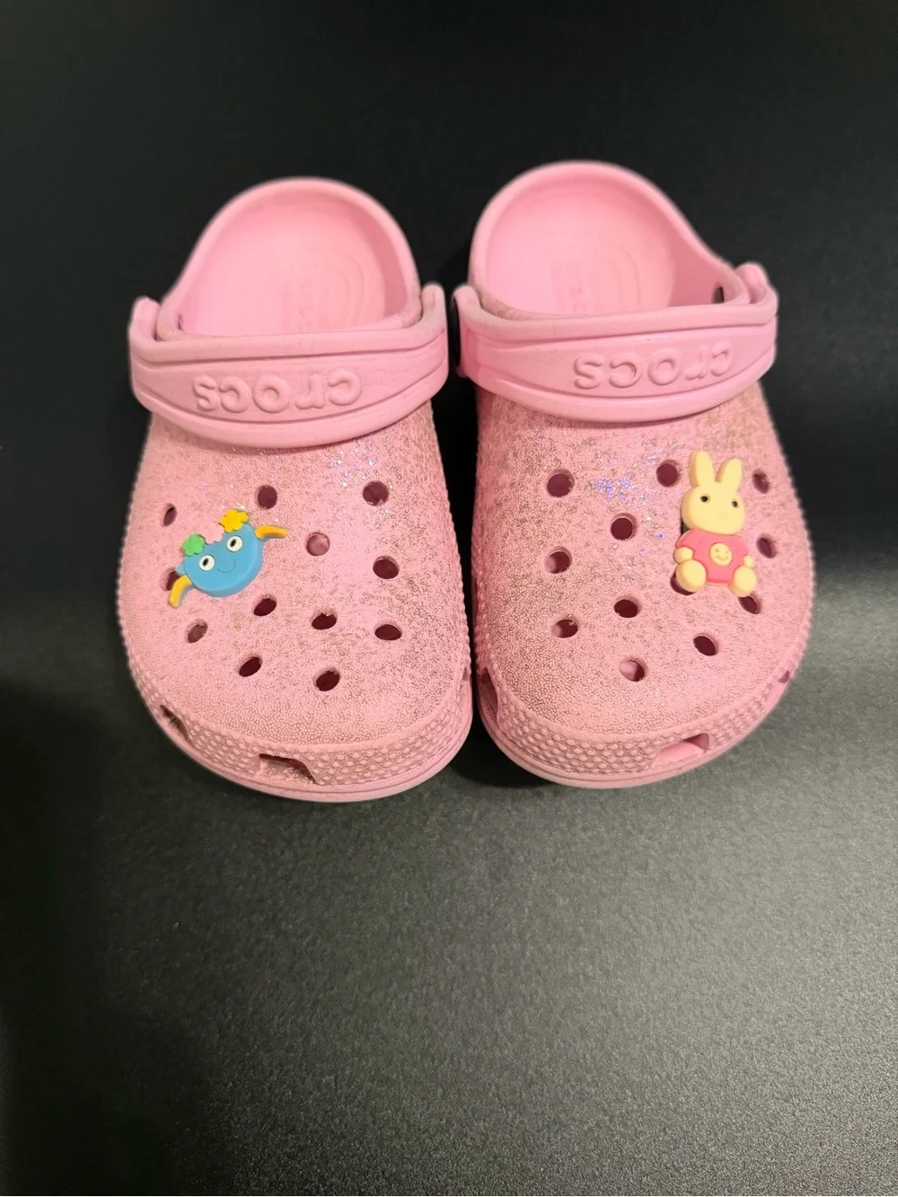 CROCS Kids Pink Glitter Clog Sandals with Character Jibbitz